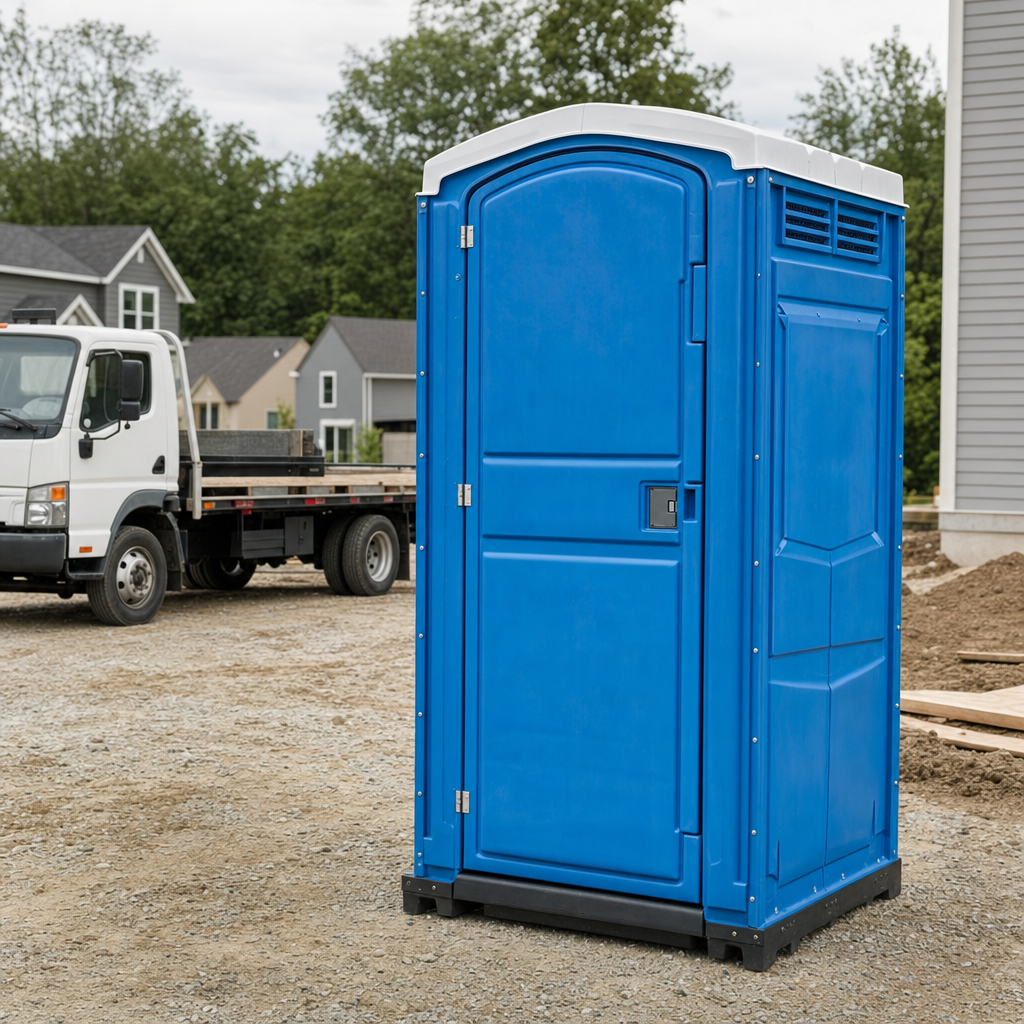Delivery driver positioning a clean royal-blue portable toilet on level ground at a Woburn worksite
