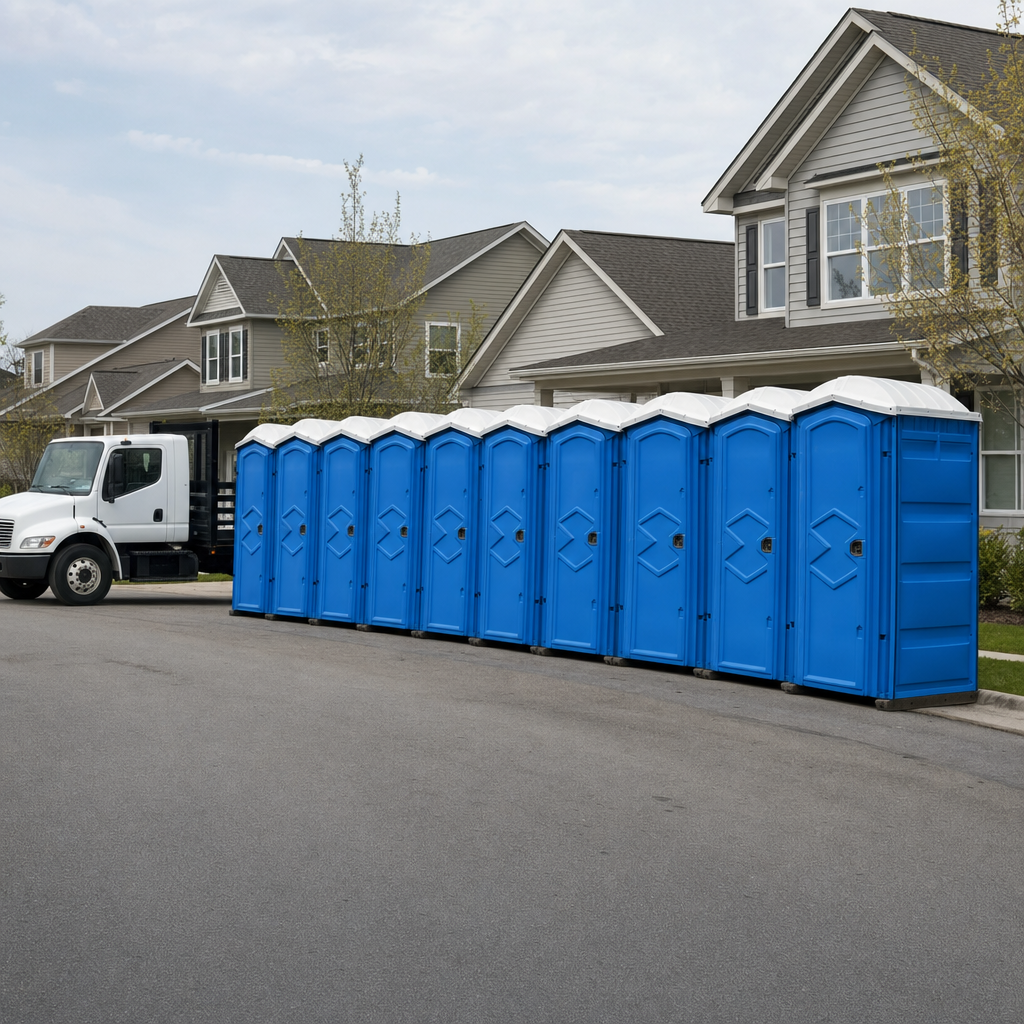 Royal blue portable toilets staged in a tidy row at a Woburn jobsite, ready for delivery