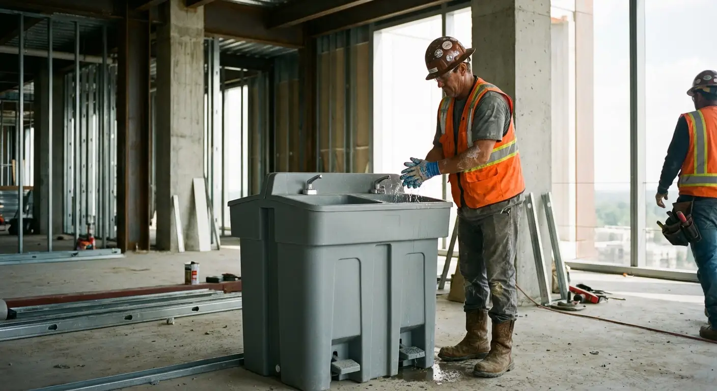 A dual-basin hand wash station positioned on a concrete floor of a high-rise construction site with the city skyline visible through open steel framing. in Woburn, MA