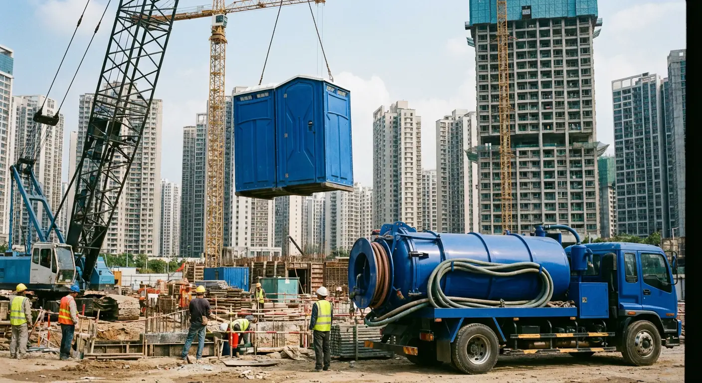 A High-Rise Crane Liftable Toilet unit suspended in mid-air by a crane against a city skyline during the day, showcasing the steel sling attachment. in Woburn, MA
