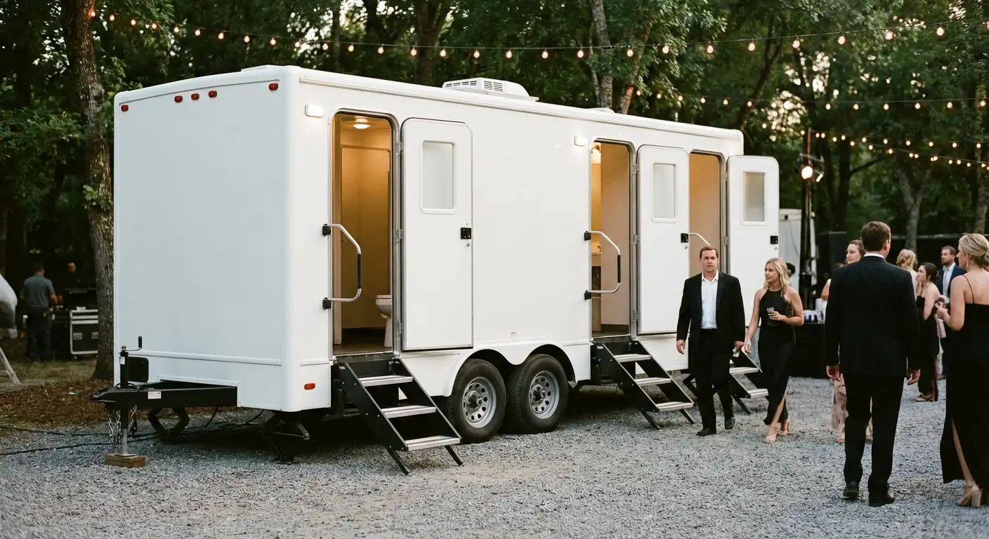 Exterior of a Luxury Restroom Trailer at an evening event, warm lighting spilling from the door, positioned discreetly near a manicured lawn. in Woburn, MA