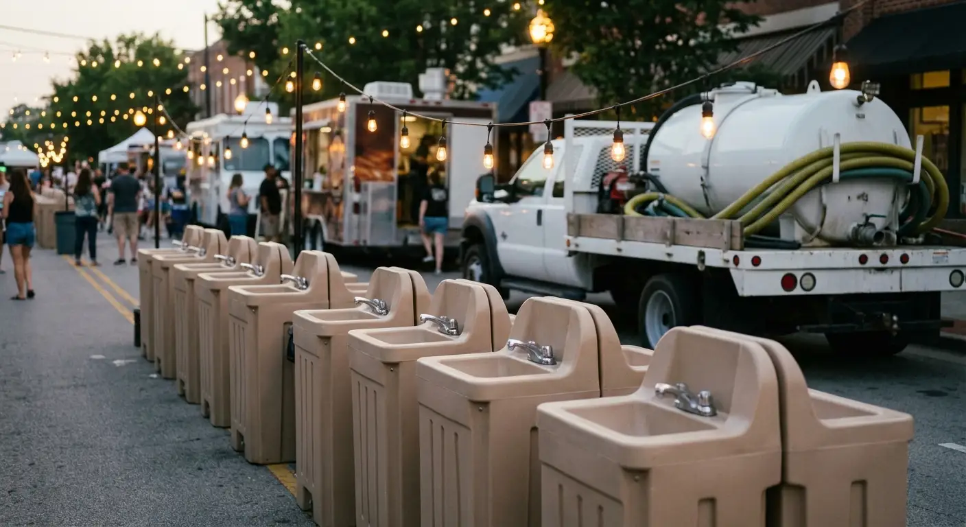 A row of clean, grey portable hand wash stations set up on pavement near food trucks, with blurred festival lights and crowd in the background. in Woburn, MA