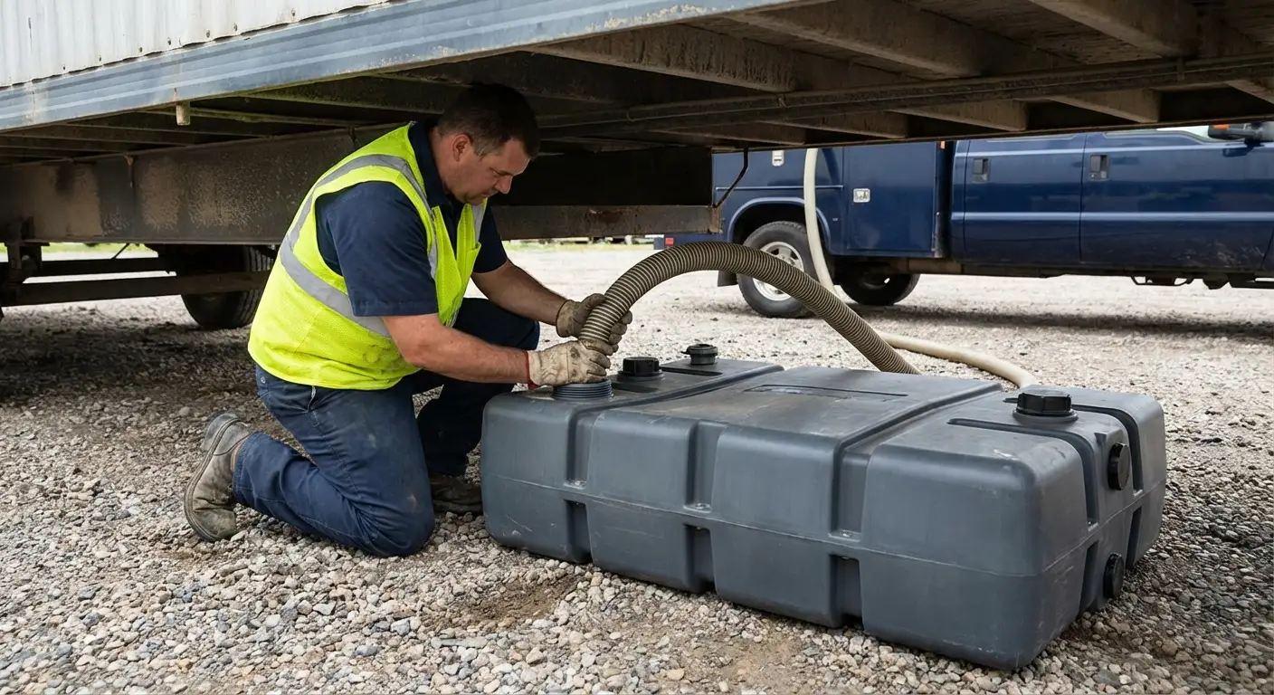 Tanner City Portables vacuum truck servicing a waste holding tank at a construction site in Woburn, MA