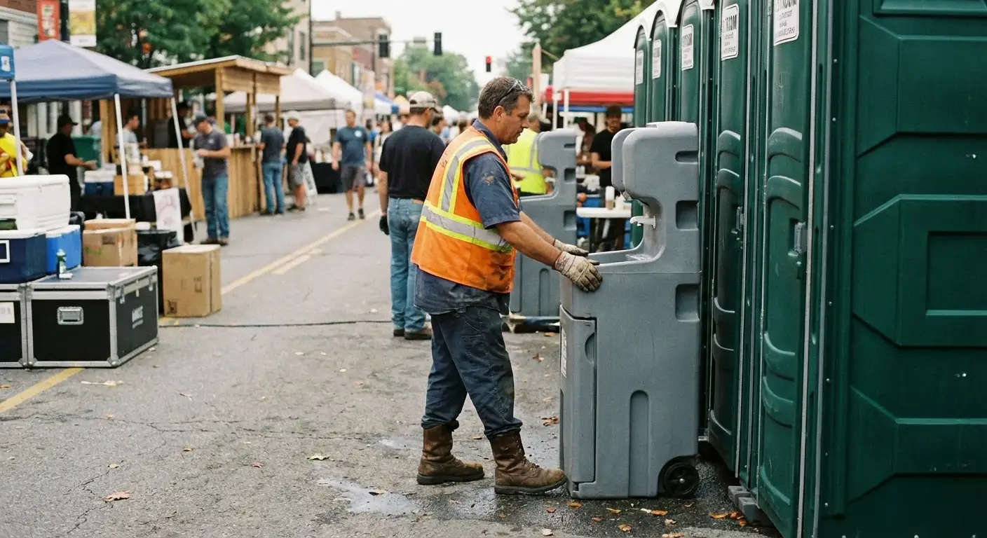 A row of pristine Special Event Portable Restrooms and hand wash stations lined up along a festival barrier with blurred crowds in the background. in Woburn, MA