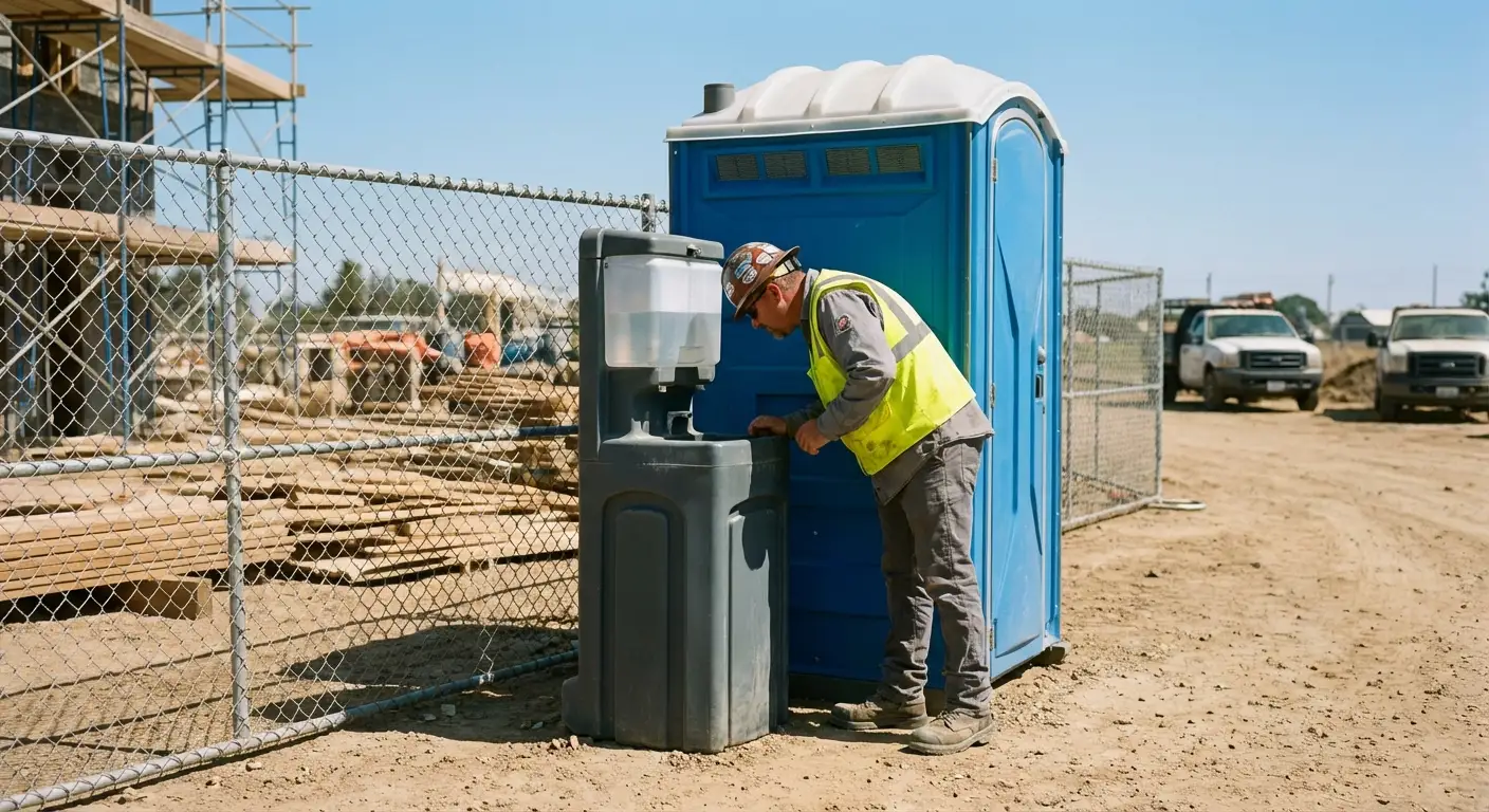 A close-up view of a portable hand wash station next to a portable toilet on a dirt construction site, focusing on the foot pump mechanism. in Woburn, MA