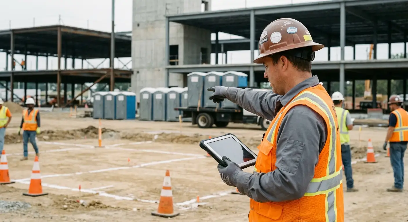 Construction site portable toilet placement planning in Woburn, MA